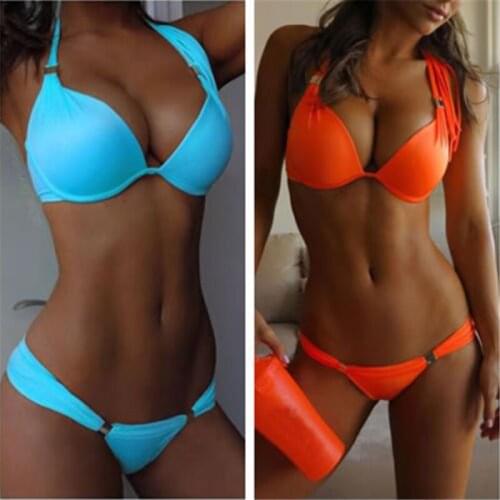Women Sexy Solid Two Piece Bikini Set Padded Push Up Swimsuit Low Waist Bandage Swimwear Orange Blue Plus Size Beachwear
