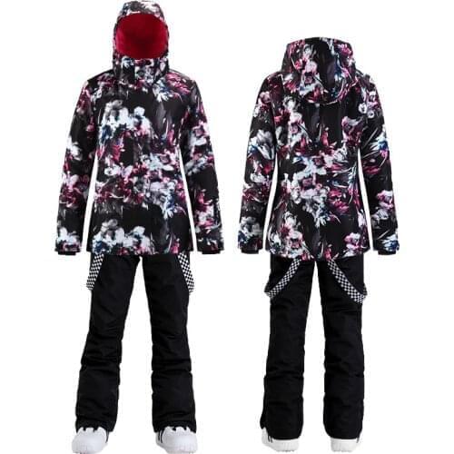 SMN Black Flower Womens Snow Suit Snowboard Clothing Waterproof Windproof Costumes Winter Outdoor Ski Jacket + Snow Pants Cheap
