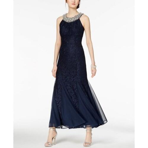 Bespoke Occasion Dresses Women Vintage O Neck lace custom made Formal Dress navy blue Color Sexy Evening Party Long Dresses