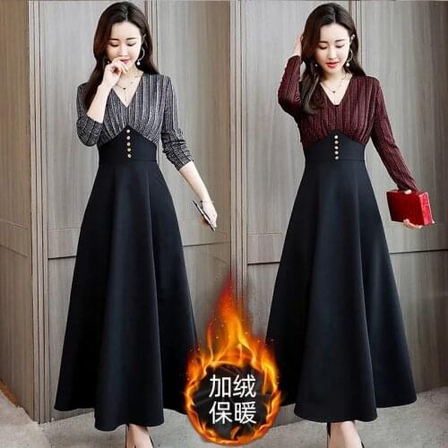 Winter Thick Vintage Maxi Dress Women Elegant Slim High Waist Long Party Dress Spliced Fashion V Neck Long Sleeve A-Line Dresses