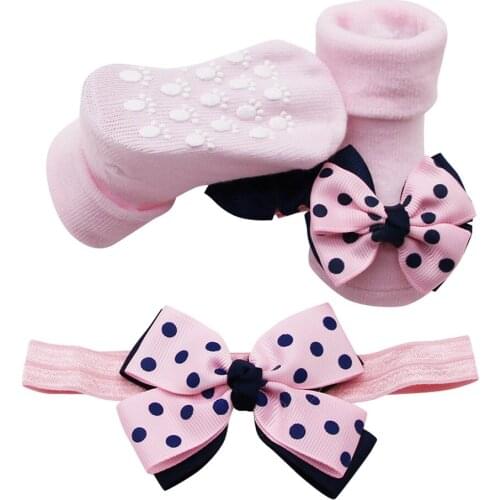 Winter baby socks Baby Infant Socks +1PC Hair Belt Toddler Girls Bow Wave Point Anti-slip Soft chaussette enfant Cotton socks