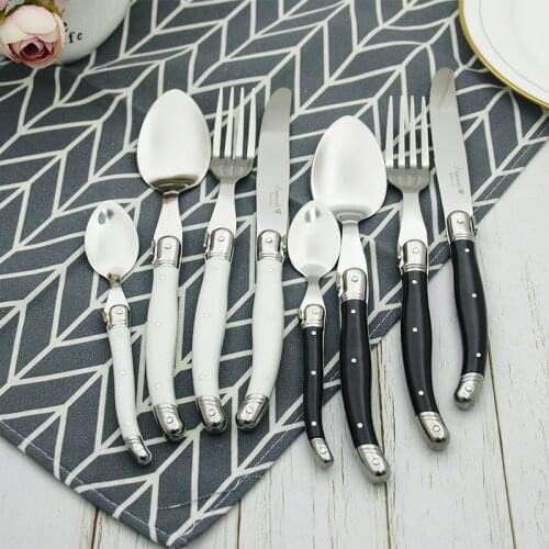 24 PCS Black Laguiole Tableware Stainless Steel Flatware set White ABS Plastic Handles Dinner Cutlery Round Steak knife Fork
