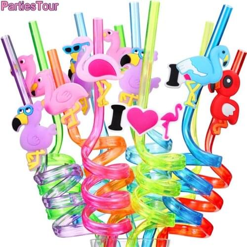 8pcs Hawaiian Party Table Decor Reusable Plastic Straws Flamingo Drinking Straw Flamingo Theme Birthday Party Supplies PVC Straw