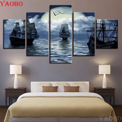 5 PCS Diamond Painting"Moon Night/Sailing Boat Seascape"Multi-picture Mosaic Diamond Embroidery sale square round Rhinestone art