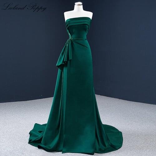 Lceland Poppy Elegant Strapless Mermaid Satin Evening Dress Floor Length Beaded Formal Evening Gowns Sweep Train Robe de Soiree