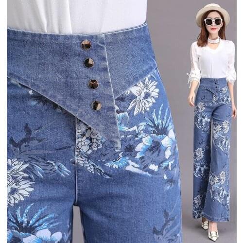 Spring Fall Fashion Womens High Waisted Printed Floral Pattern Wide Leg Denim Trousers , 2021 Summer 3xl Jeans Pants For Woman