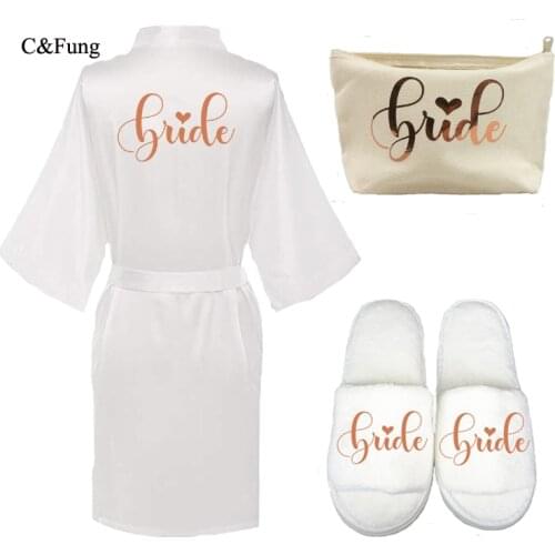 C&Fung 3pc set of bride satin robe women bride slippers bridal pouch bag femme wedding Party 2019 rose gold writing bride Gift