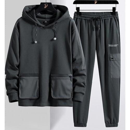 Spring Autumn Adjustable Hooded Tracksuit Men Plus Size Streetwear Big Pockets Hoodie Sweat Suits Male Black Grey 2 Piece Sets