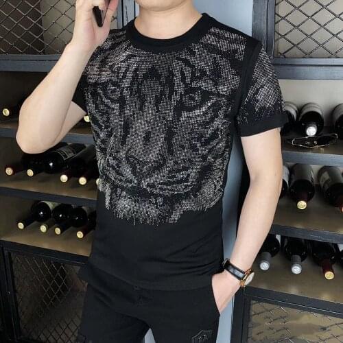 High Quality Summer T Shirt Men Short Sleeve Fashion Diamond Tiger Head T-shirt Mens Streetwear Casual O-Neck Tee Shirt Homme