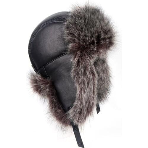 PU Skin Leather Mens Bomber Hats With Ear Flap Russian Winter Faux Fur Earmuffs Caps