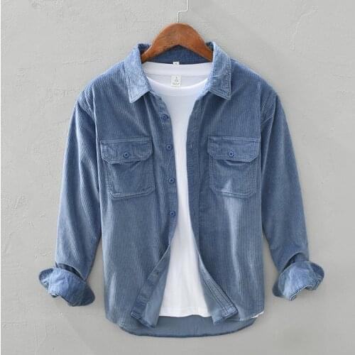 206 Men Corduroy Shirt Japan Style Fashion Casual Loose Chic Youth Handsome Double Pocket Freedom Comfortable Long Sleeve Tops