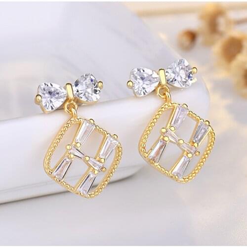 New Fashion Letter H Bowknot Ear Nail Stud Earrings For Women CZ Stone Cute Romantic Square Pendant Charm Dangle Earring Jewelry