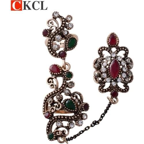 New Turkish Jewelry Vintage Ring Hollow Out Flower Plating Antique Gold Arrival Adjustable Two Finger Rings For Women Gift