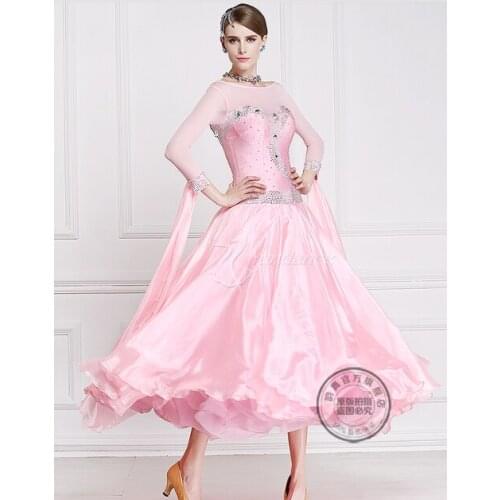 Customize pink Waltz Fox trot Quick step Ballroom Modern tango competition Dance Dress long sleeve for black pool