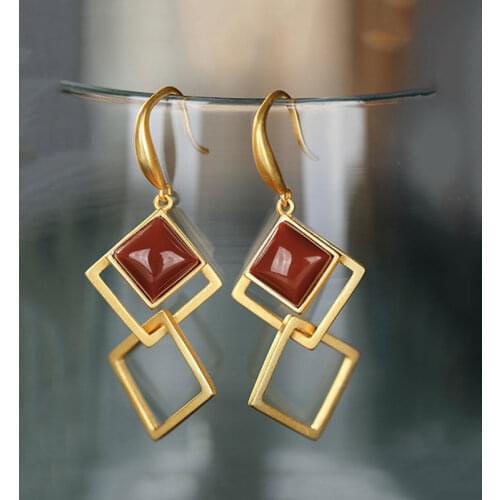 Simple Eardrops S925 Sterling Silver Gilding Inlaid Natural Full of Flesh South Red Earrings Geometric Figure Fashion Splendid J