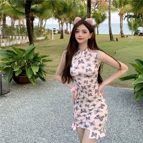 Real Shot 2021 New Retro Womens Print Slim Sexy Improved Cheongsam Fishtail Bag Hip Dress