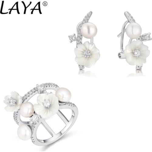 Laya 925 Sterling Silver Fashion High Quality Zircon Natural Shell Flower Freshwater Pearl Ring Earrings Sets For Women Jewelry