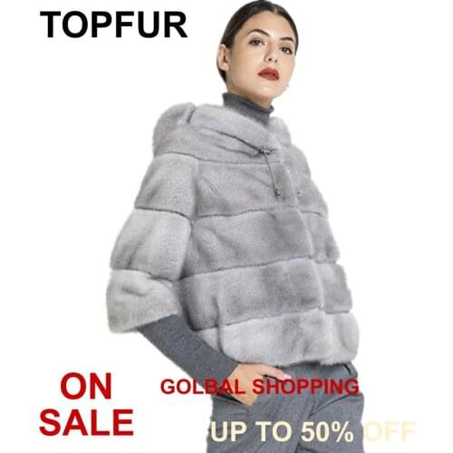 TOPFUR Imported Sapphire Blue Mink Fur Coat With Hood Light Grey Coat Winter Real Fur Coat Women Natural Mink Fur Jacket