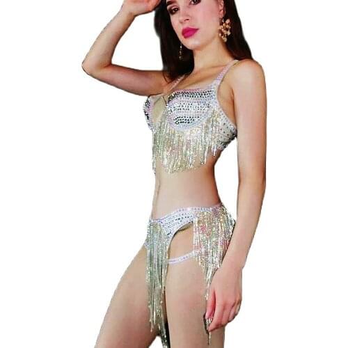 Sparkling Sequins Rhinestones Fringes Bikini Two-Piece Suit Party Sexy Performance Suit Women Nightclub Show Wear Stage Outfit