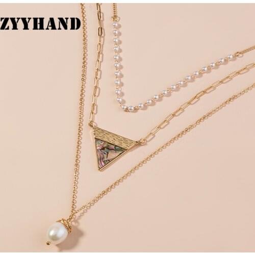 Natural Abalone Shell Women Pendant Necklace Golden Color Fresh Water Pearl Girl Cross Chain Set Lady Casual Triangle Jewelry