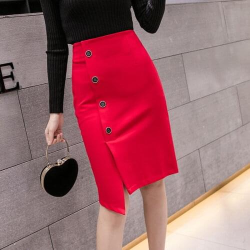 Fashion Women Office Formal Pencil Skirt Spring Summer Elegant Korean Slim Front Slit Mini Skirt Plus Size Black Red OL Skirts