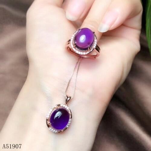 KJJEAXCMY Fine Jewelry 925 sterling silver inlaid natural gemstone amethyst ladies pendant + necklace + ring set support detecti