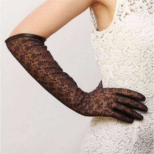 2018 Fashion Rushed Women Gloves 45cm Long Banquet Lace Sheepskin Glove Elbow Solid Real Genuine Leather Free Shipping L112N-5