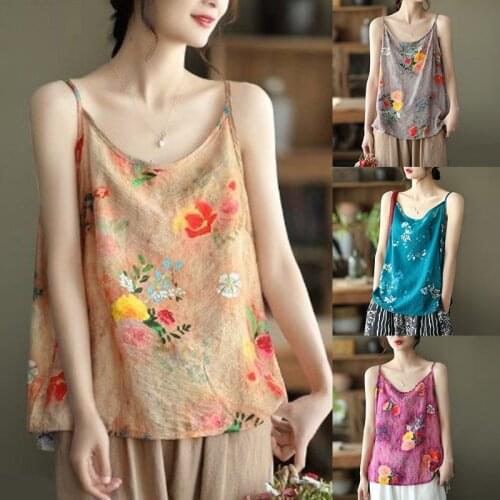 2021 Womens Chinese Printed Sling Ladies Sleeveless Loose Causal U-Neck Bottoming Top Outer Wear Outer Vest New Womens Top
