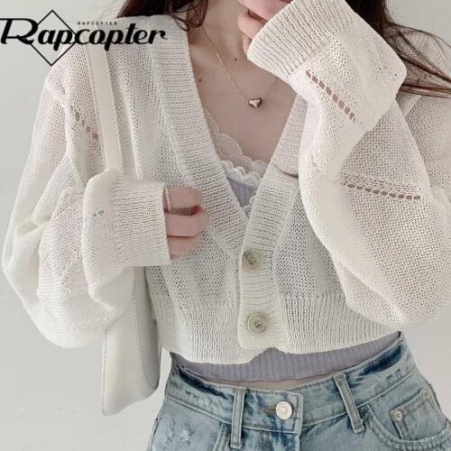 Rapcopter Knitted Cardigans y2k Cropped Long Sleeve Jackets Button V Neck Casual Basic Thin Coat Autumn Women Cute Outerwear New