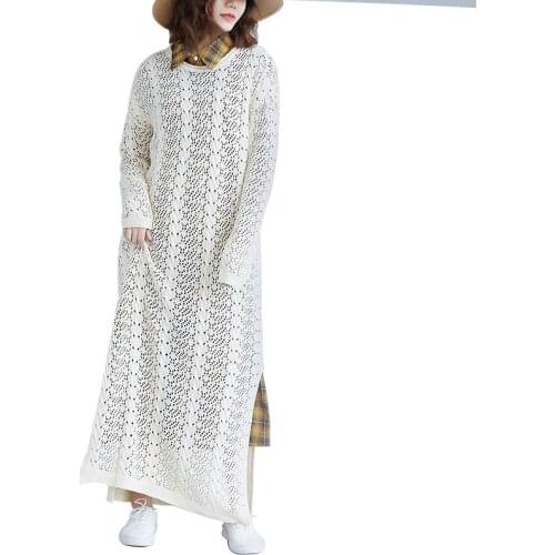 Fashion Knitwear Dress Women Retro Hollow Out Dress Coat New Round Neck Openwork Sweater Dresses Casual Long Maxi Vestido Female