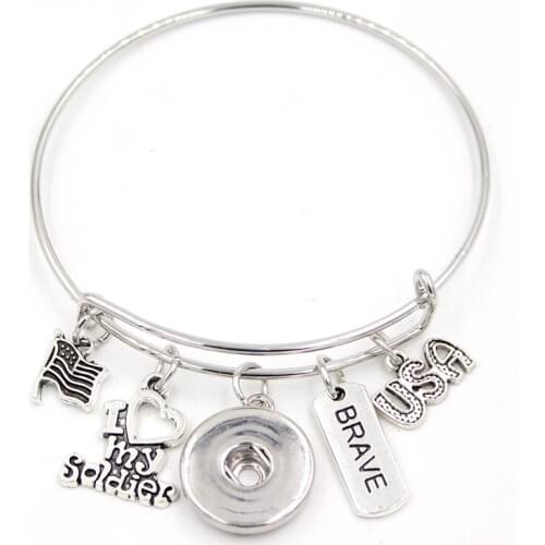 1PC Snap Jewelry I love my soldier Charm Bracelets Adjustable Wire Bangle Liobonar Snap Buttons Charms Bracelets for Women Gift