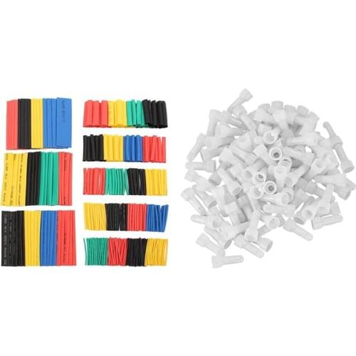 100Pcs 22-16 Ga Awg Closed End Wire Connectors Terminals & 328Pcs Car Electrical Cable Heat Shrink Tube Tubing Wrap