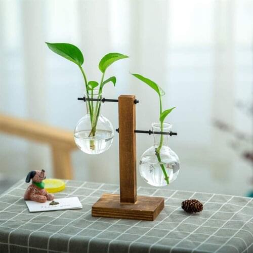 2021 Hydroponic Glass Vase Desktop Plant Container Retro Wood Creative Bulb Decorative Flower Pot