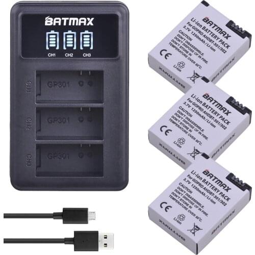 Batmax 3PCS 1250mAh AHDBT-301 Battery+LED 3-slots USB Charger for Gopro Hero 3/3 Hero3 Hero3 Camera Hero3 Go Pro Action Camera