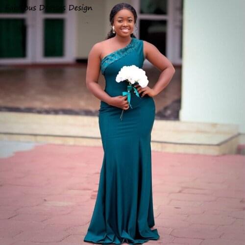 Shiny One Shoulder Bridesmaid Dresses Ink Blue Long Mermaid Wedding Party Dress Formal African Women 2021 Vestidos