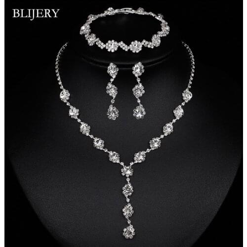 BLIJERY Elegant Geometric Bridal Jewelry Sets Rhinestone Crystal Long Necklace Earrings Bracelet Wedding Jewelry Sets for Women