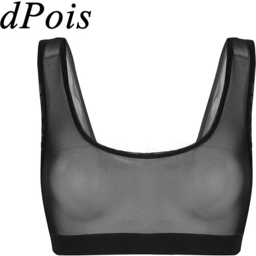 Women Sexy Mesh See Through Crop Top Female Tank Tops Deep U Neck Vest Bra Sexy Lingerie Womens Underclothes Bustier Breast
