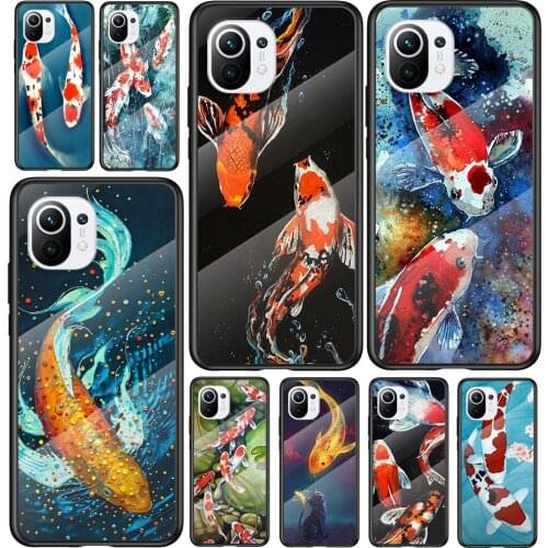 Tempered Glass Cover Chinese Koi Fishes For Xiaomi Mi 11 11i 10T 10 CC9E CC9 9T Note 10 Ultra Pro Lite Phone Case Capa