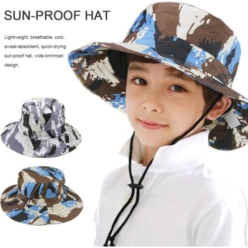Outdoor Childrens Camouflage Big Hat UPF50 UV Ray Sunproof Sun Hat Bucket Big Brim Hat for Boys Girls Kids Camping Sports
