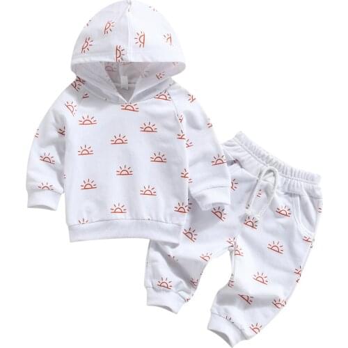 Kids Baby Clothes Set Sun Print Hooded Long Sleeve Sweatshirt Casual Pants Cotton Clothing Sets Tracksuit For Children 0-3Years