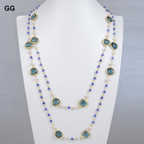 GuaiGuai Jewelry 54'' Natural Freshwater Cultured White Pearl Blue Crystal Sweater chain Agates Necklace Cute Stlye For Women