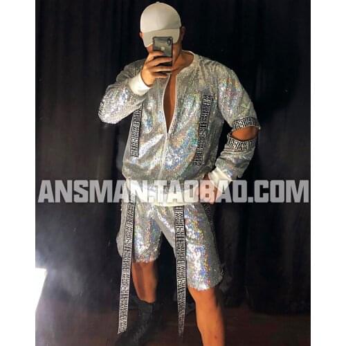 Male nightclub singers Spring Festival Christmas laser silver sequins hip-hop baseball uniforms men carnival costumes