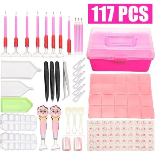 117Pcs 5D DIY Diamond Painting Pen Cross Stitch Embroidery Tools Kit + Glue + Stickers + Tweezers Painting Accessories Set