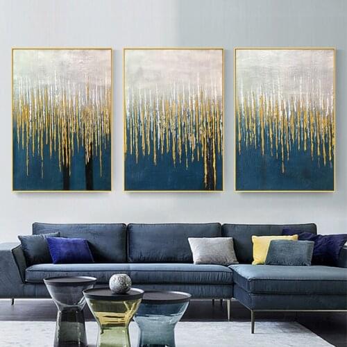 Hand Painted Knife Oil Abstract Painting Gold On Canvas Wall Art Pictures Blue For Living Room Home Decoration Three Pieces