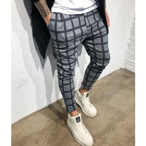 2021 New Men Grid Pants Fashion Casual Sweatpants Black Drawstring Elastic Pants Male Straight Skinny Trousers Slim Pants