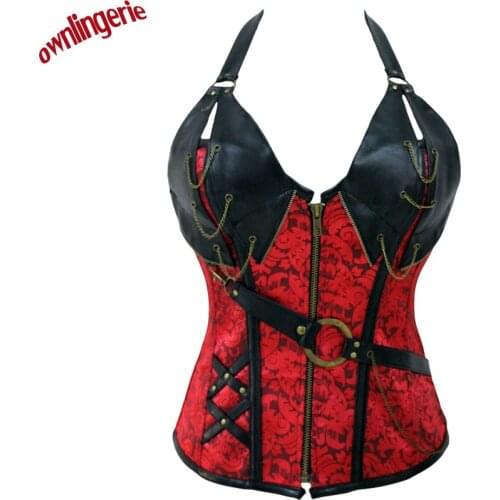 New arrive Retro Bustiers Women Zipper red Brocade Zipper Steampunk Corset free shipping