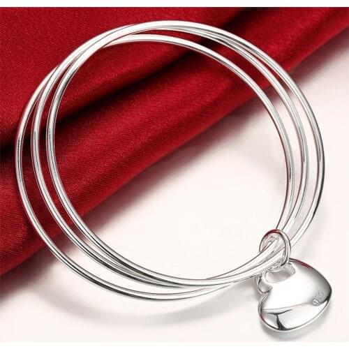 New 925 Sliver Solid Heart Three Rings Bangles Fashion Jewelry For Women Engagement Wedding Birthday Delicate Gift