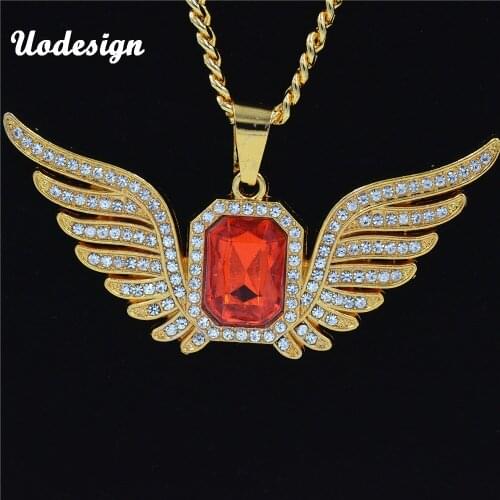 Uodesign Hip Hop Angel Wings with Big Red Stone Pendant Necklace Men Women Iced Out Jewelry