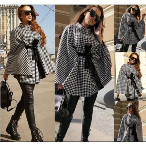 Lady New Style Autumn and Winter Houndstooth Cloak Trendy Lace-up Turtleneck Cape Cloak Women Stylish Tops Bat Sleeved Coat