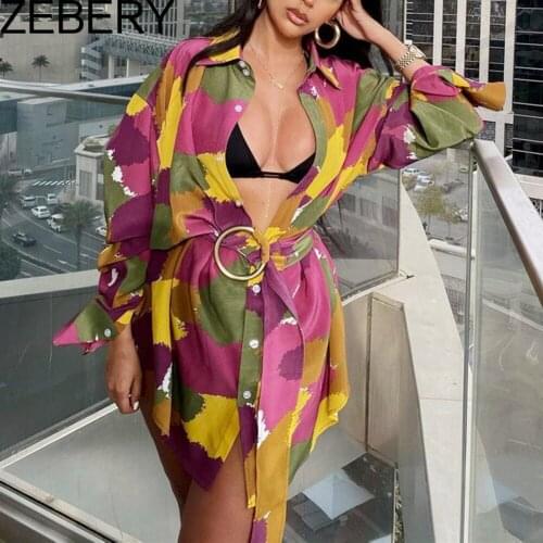 ZEBERY 2021 Floral Print Long Sleeve Dress Women A Line With Belt Beach Summer Spring Sexy V Neck Casual Mini Dresses Holiday